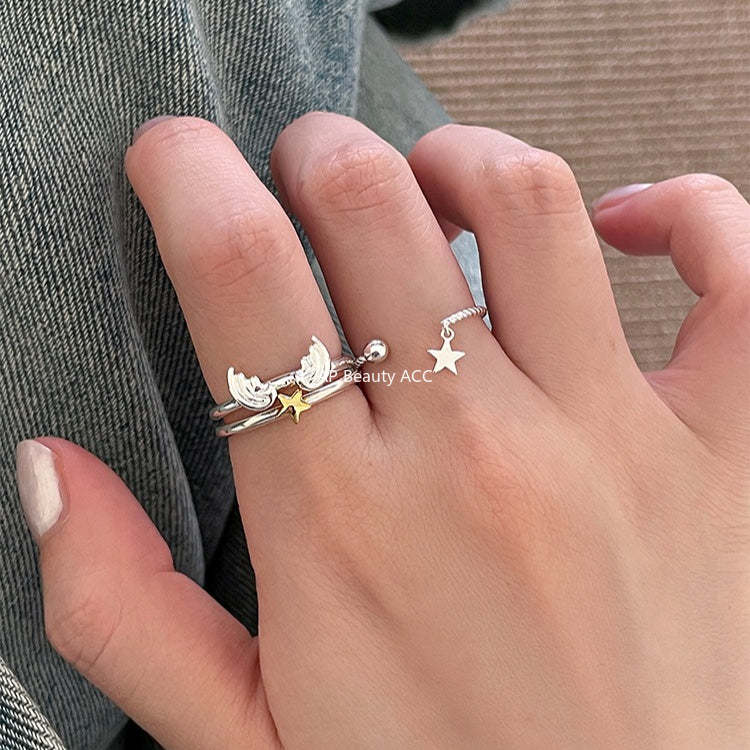 C廠-超仙百搭天使之翼疊戴戒指女簡約精緻高級感星星純銀食指戒新指環「JZ-0717」25.10-5