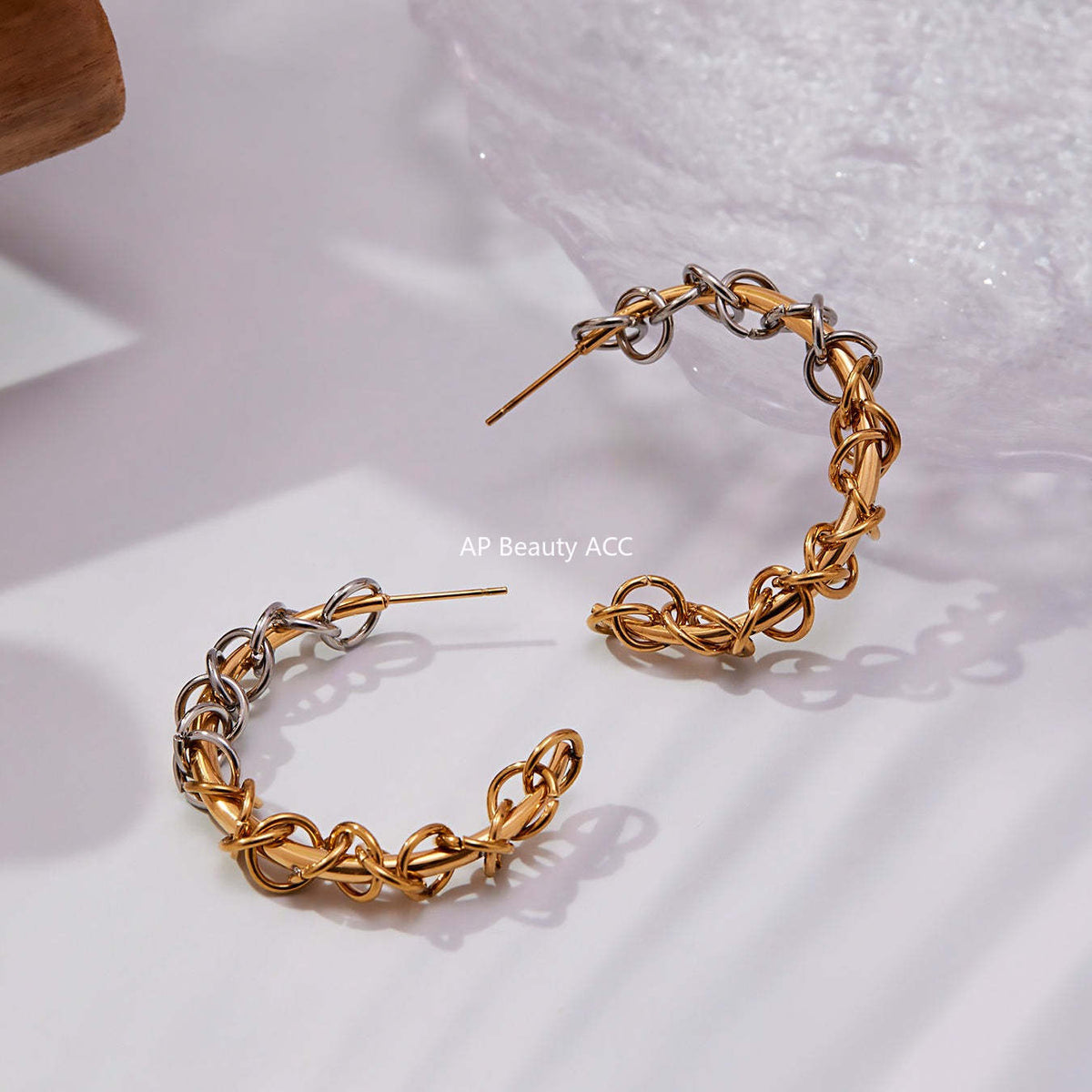 B廠-不鏽鋼嘻哈環扣纏繞C型拼色間電耳環歐美小眾耳飾鍍18k真金「F677」25.10-5