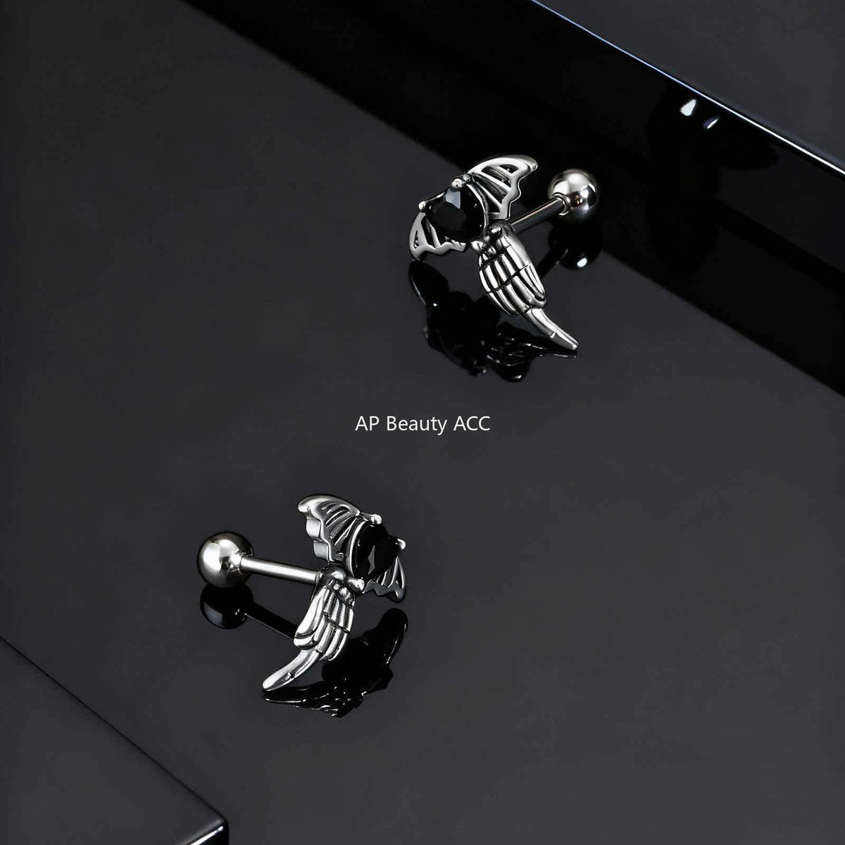 G廠-不鏽鋼心形黑鋯石翅膀耳釘酷颯個性 年輕人潮流首飾「ES-769」25.12-2