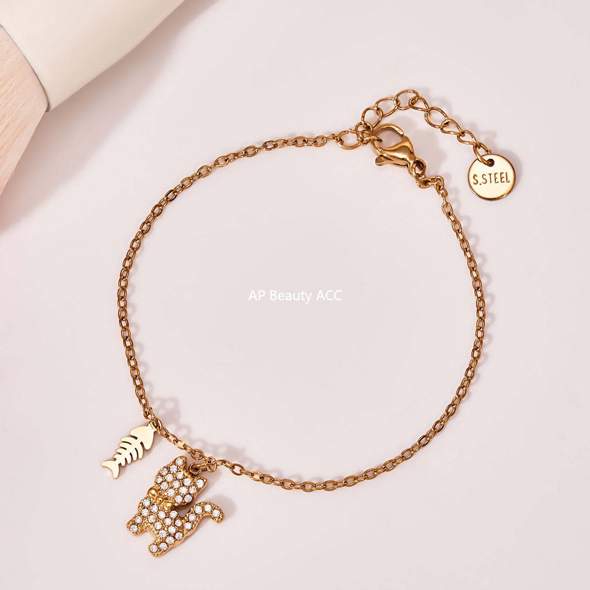 B廠-時尚可愛小貓帶鑽吊墜手鍊項鍊套裝不鏽鋼鍍18k真金不掉色「TXP464」25.11-3