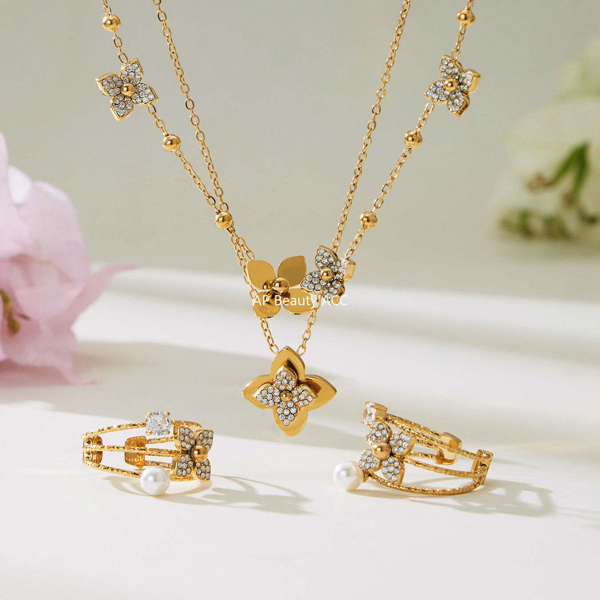 B廠-熱銷新品重十字夾珠鬱金香花朵鑲鋯石滿鑽鎖骨項鍊戒指套裝「TXP489」25.11-4