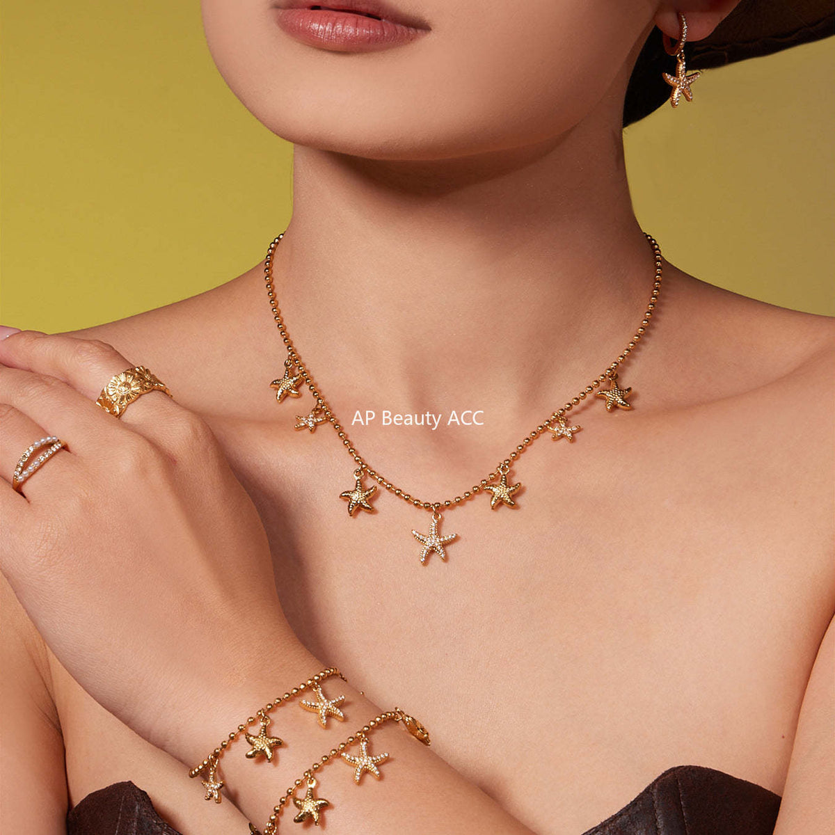 B廠-跨境新款不鏽鋼鋯石海星吊墜耳環項鍊手鍊套裝簡約鑲鑽配飾「TXP478」25.11-4