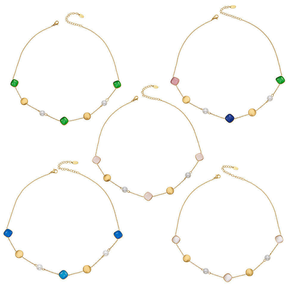 B廠-不鏽鋼貓眼石多色手工串膠珠鎖骨項鍊鍍18k真金質感女款珠寶首飾「P822」25.12-2