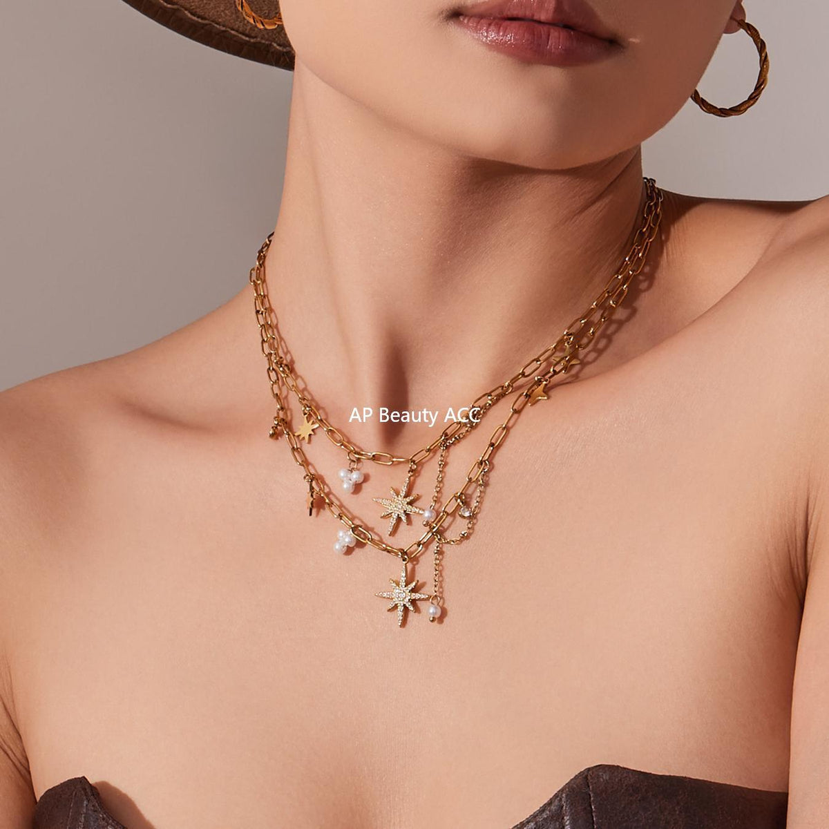 B廠-超閃八芒星5A鋯石吊墜手工鏈鎖骨項鍊不鏽鋼鍍18k真金飾品「P1154」25.11-4