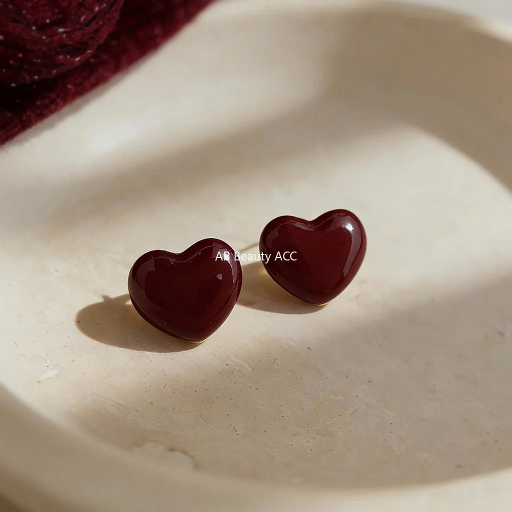 A廠-琺瑯滴釉酒紅色愛心耳環文藝復古港風心形通勤耳飾「7254」25.12-3