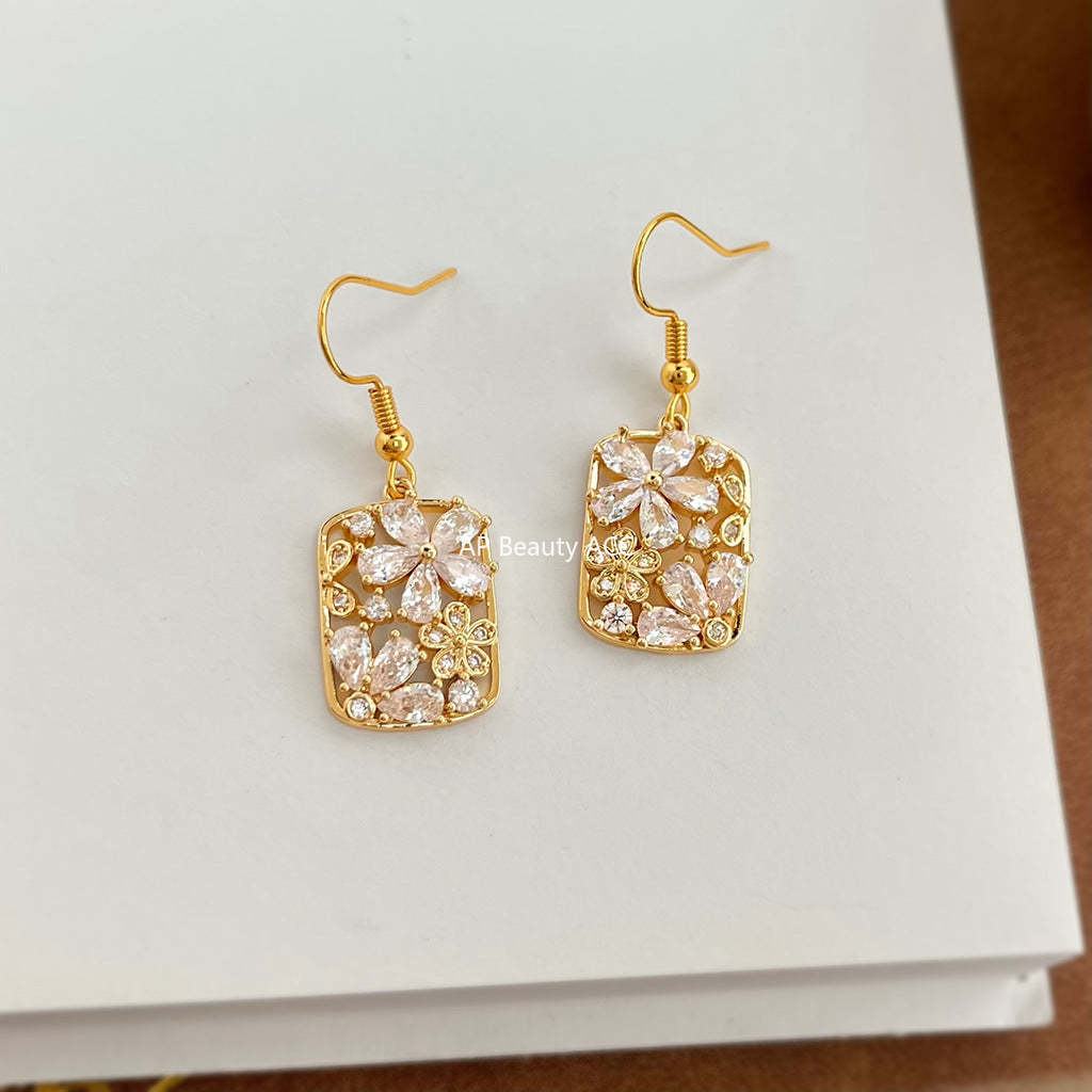 A廠-鑲嵌鋯石新中式花朵耳環女氣質優雅通勤高級感耳飾「7054」25.11-3