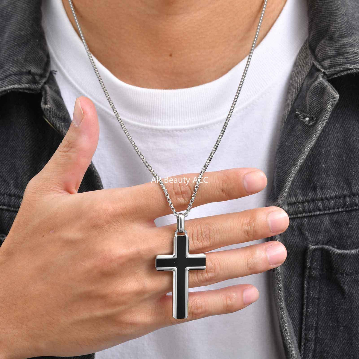 G廠-不鏽鋼歐美跨境男士項鍊十字架綠松石虎眼毛衣鏈簡約吊墜「PN-2224」25.12-2