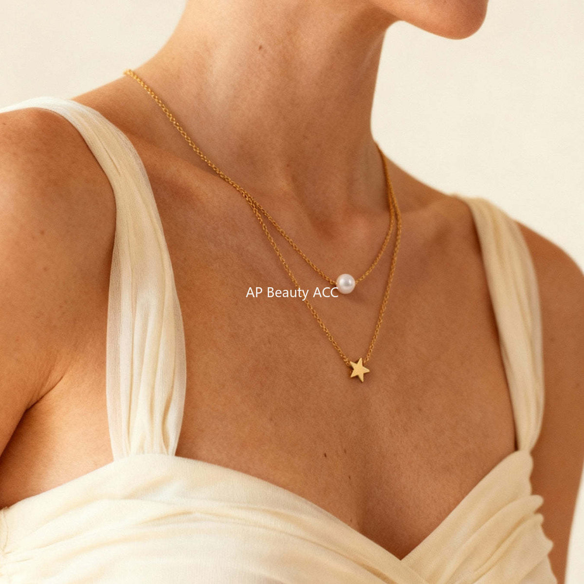 B廠-不鏽鋼星星貝珠設計感雙層項鍊 歐美通勤疊戴鍍18K金百搭個性首飾「P001」25.12-1