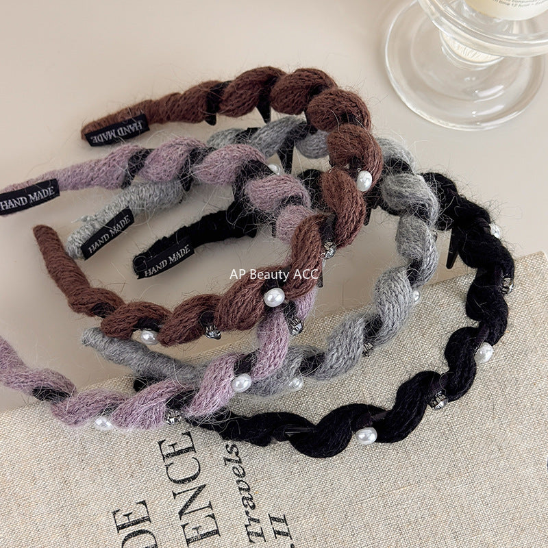 E廠-韓系閃鑽珍珠毛線波浪髮箍女高顱頂頭箍帶齒防滑外戴髮卡壓髮頭飾「27663」25.11-2