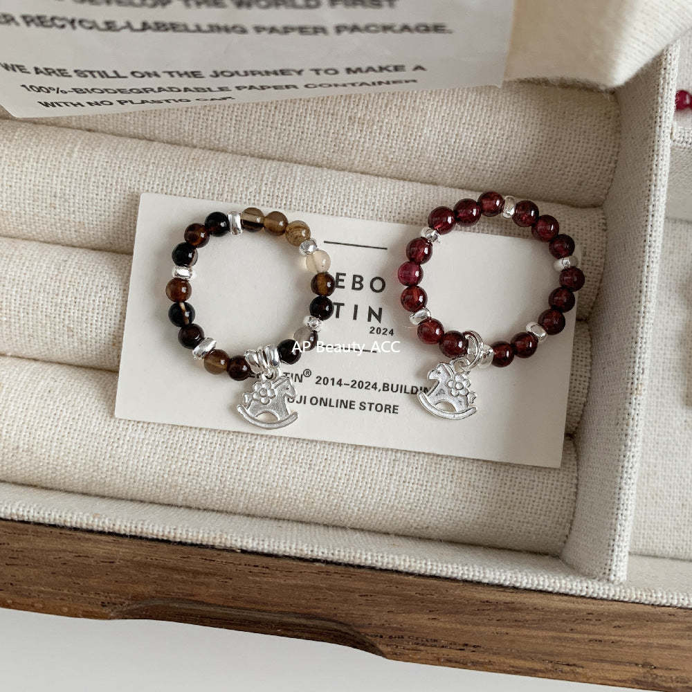 C廠-古風花朵葉子福袋小馬元寶蘋果紅瑪瑙彈力戒指S925純銀戒指女士「RB」25.11-4