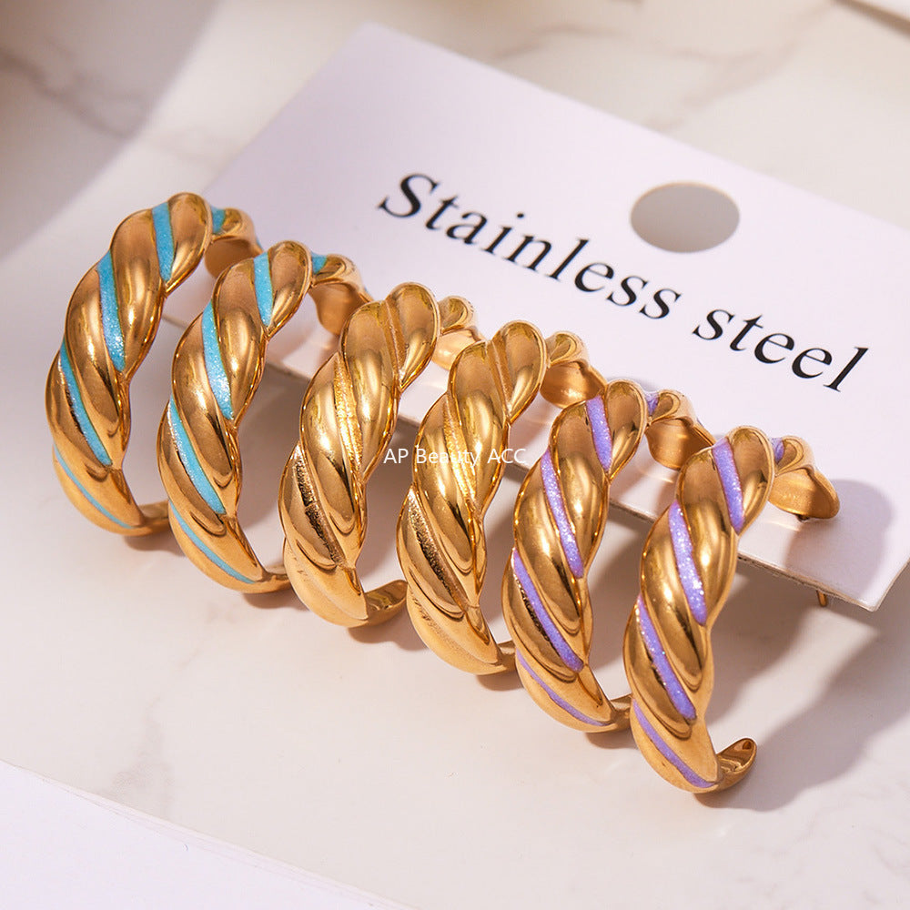 B廠-新款不鏽鋼幾何扭紋滴油耳環琺瑯彩釉時尚個性耳飾鍍18k金「F812」25.11-1