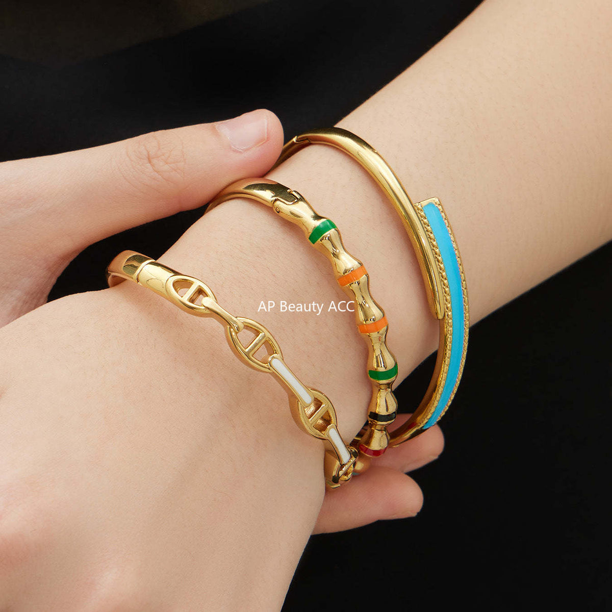 B廠-多巴胺竹節滴油彩色卡扣手鐲組合不鏽鋼鍍18k真金時尚開口手環女「Z522-Z523-Z524」25.12-3