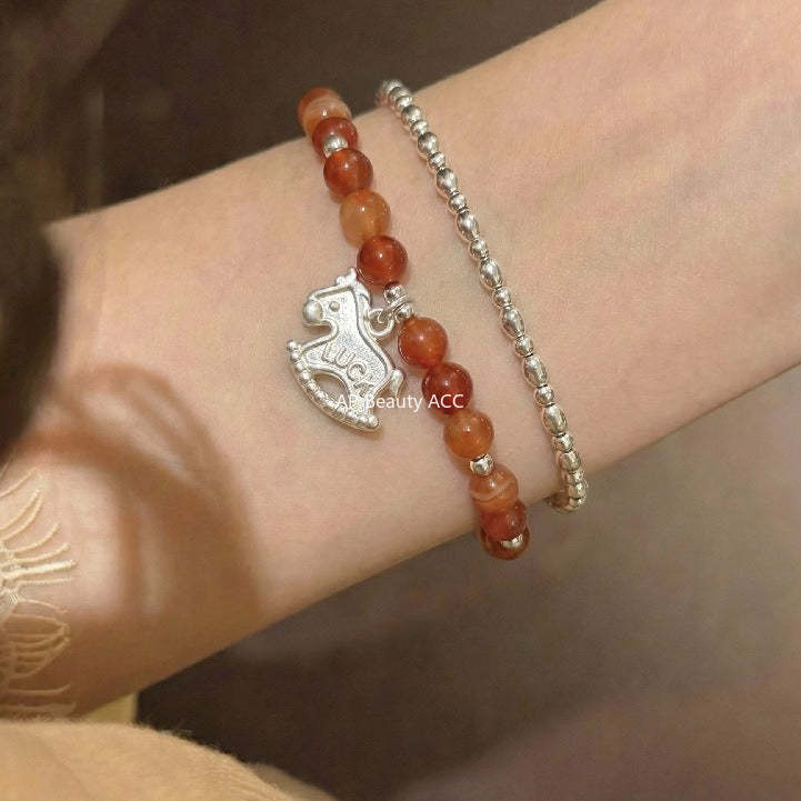 C廠-luck小木馬S925純銀小馬紅瑪瑙米珠手鍊S925純銀手鍊女士2026馬年「1652」25.12-3