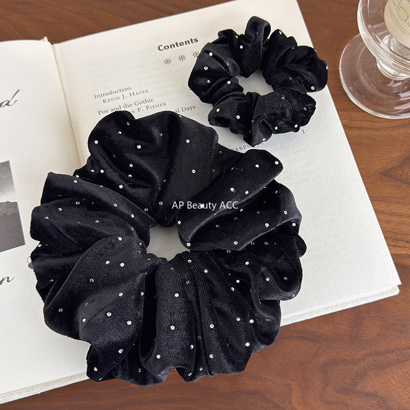 E廠-秋冬高級感韓系黑色絲絨燙鑽大腸髮圈百搭實用馬尾髮繩復古髮飾女「27641」25.11-1