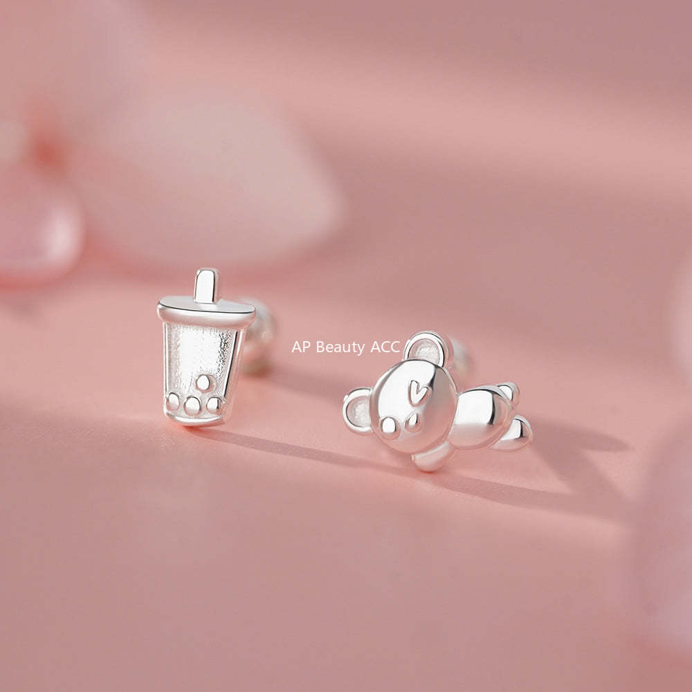 D廠-S999足銀小熊奶茶螺絲耳環可愛童趣新款個性清新精緻溫柔耳飾「YC9310E_1」25.11-4