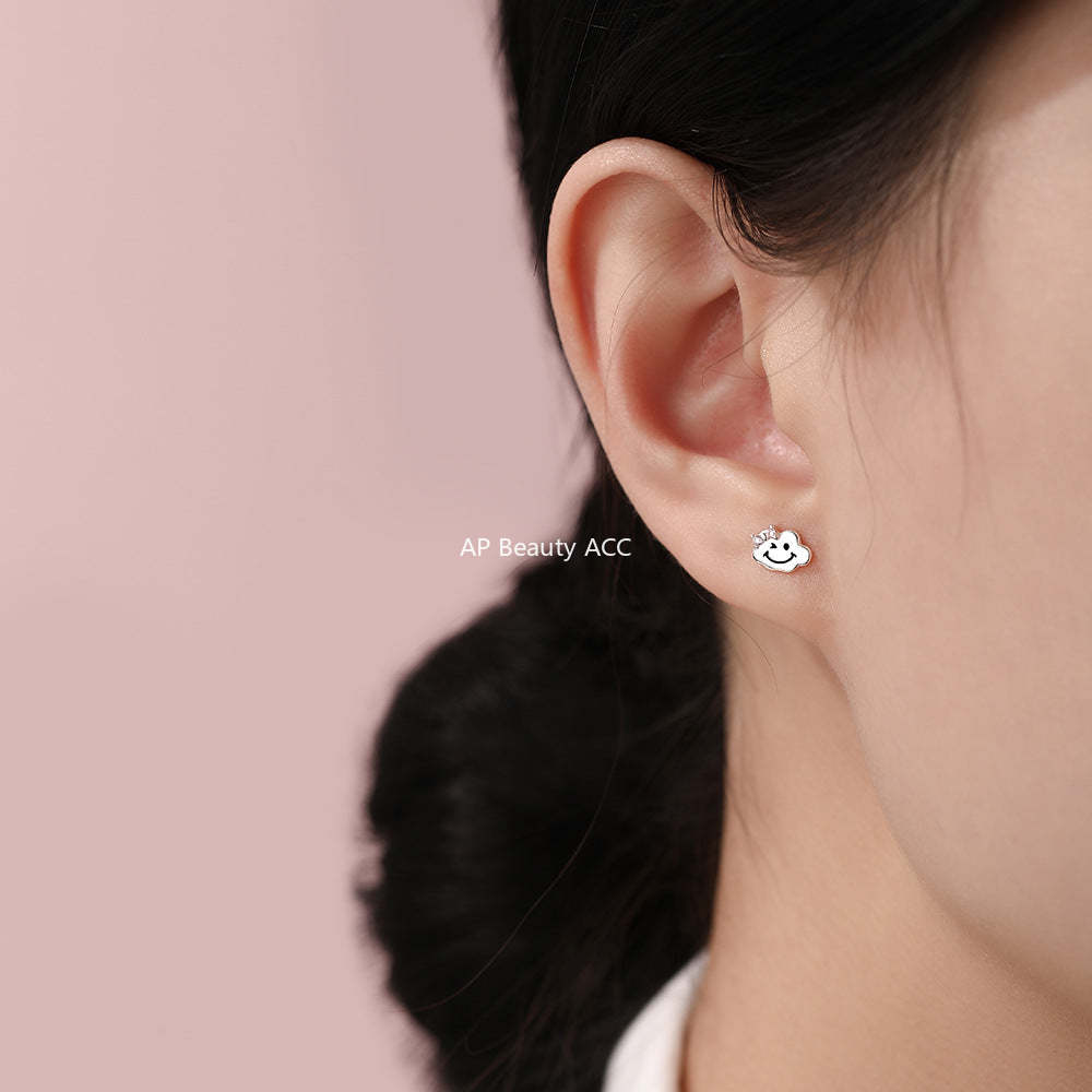 D廠-原創足銀S999雲朵笑臉耳環可愛卡通清新百搭甜美小眾簡約耳飾「YC3703E_1」25.12-2
