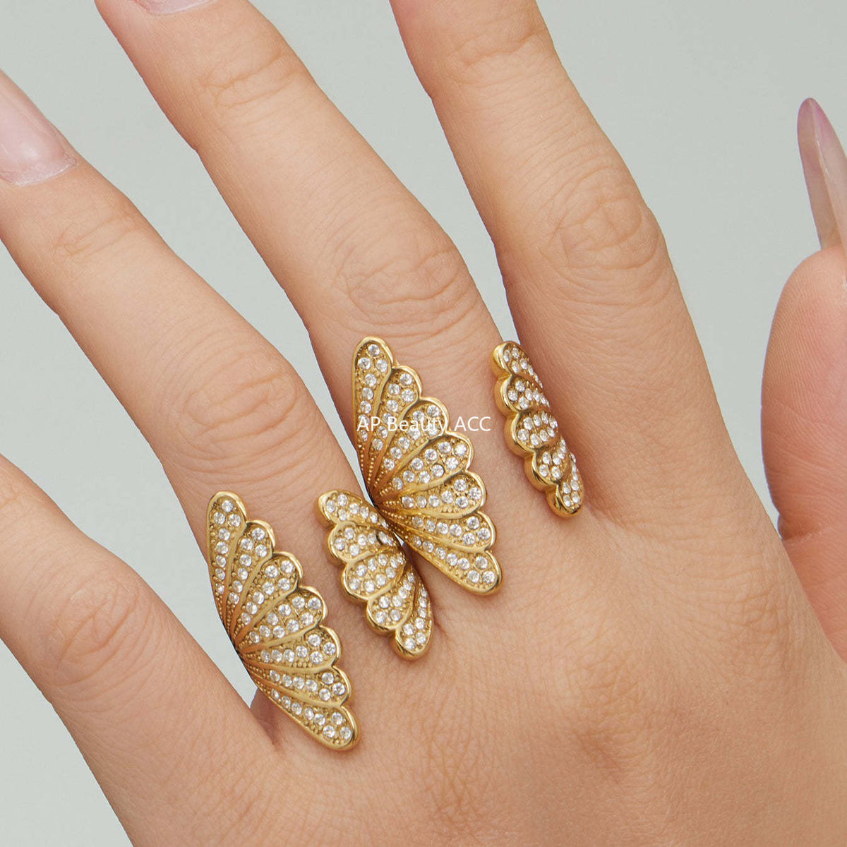 B廠-不鏽鋼百葉扇5A鋯石開口戒指鍍18k真金ins小眾設計指環輕奢手飾品「A386」25.12-3