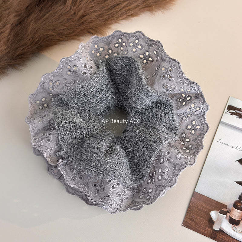 E廠-秋冬韓系毛線針織蕾絲大腸髮圈女超大丸子頭低馬尾頭繩慵懶風頭飾「27752」25.12-1