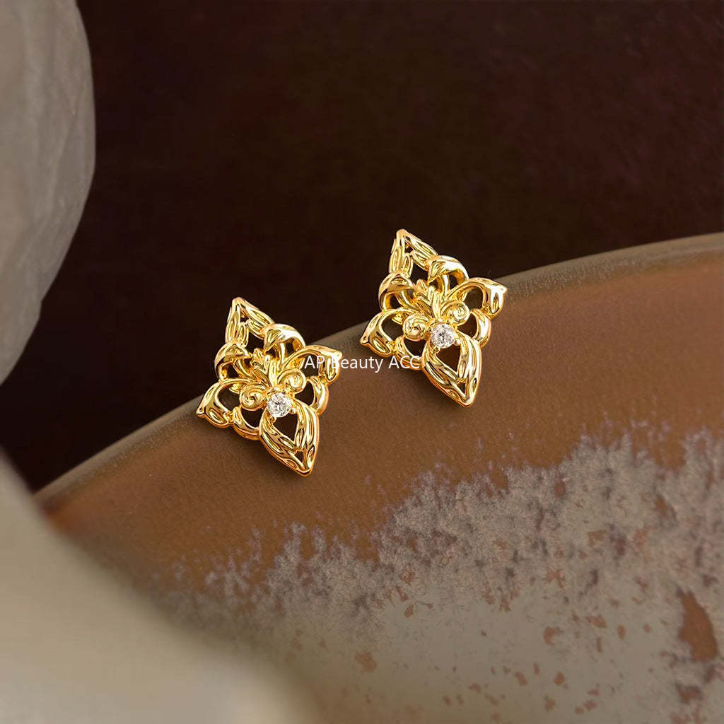 A廠-鳶尾花原創設計微鑲鋯石925銀針鍍14K時尚高級感輕奢風耳飾耳環女「7164」25.11-4