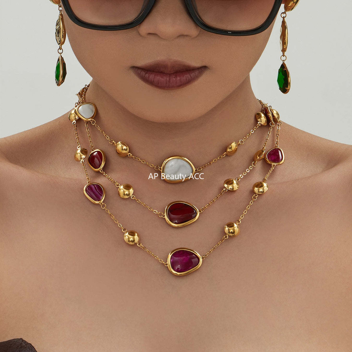 B廠-不鏽鋼彩色樹脂包邊項鍊5A鋯石愛心手鍊多巴胺飾品套裝鍍18k真金「TXP515」25.12-2