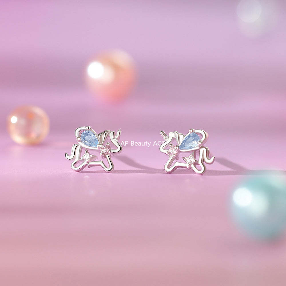 D廠-原創足銀S999彩鋯獨角獸耳環幸運馬可愛溫柔清新本命年耳飾「YC4943E_1」25.12-3