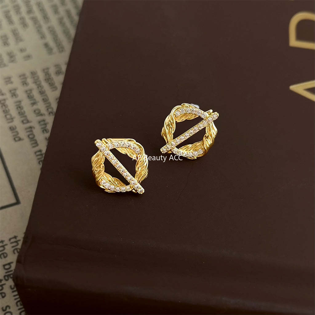 A廠-麥穗~原創設計微鑲鋯石925銀針新創意小眾個性圓形幾何耳飾耳釘「7153」25.11-4