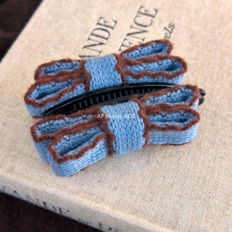 E廠-韓國復古針織毛線雙層蝴蝶結髮夾香蕉夾2025新款秋冬款盤髮馬尾夾「27758」25.12-1