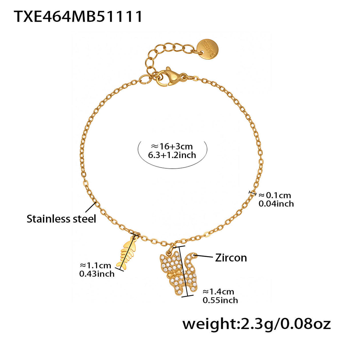 B廠-時尚可愛小貓帶鑽吊墜手鍊項鍊套裝不鏽鋼鍍18k真金不掉色「TXP464」25.11-3