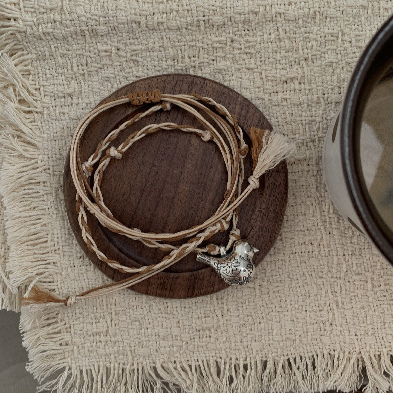 C廠-多寶滿足鳥串珠吊墜S925純銀項鍊女復古小眾高級感編織繩毛衣鏈「1633」25.12-3