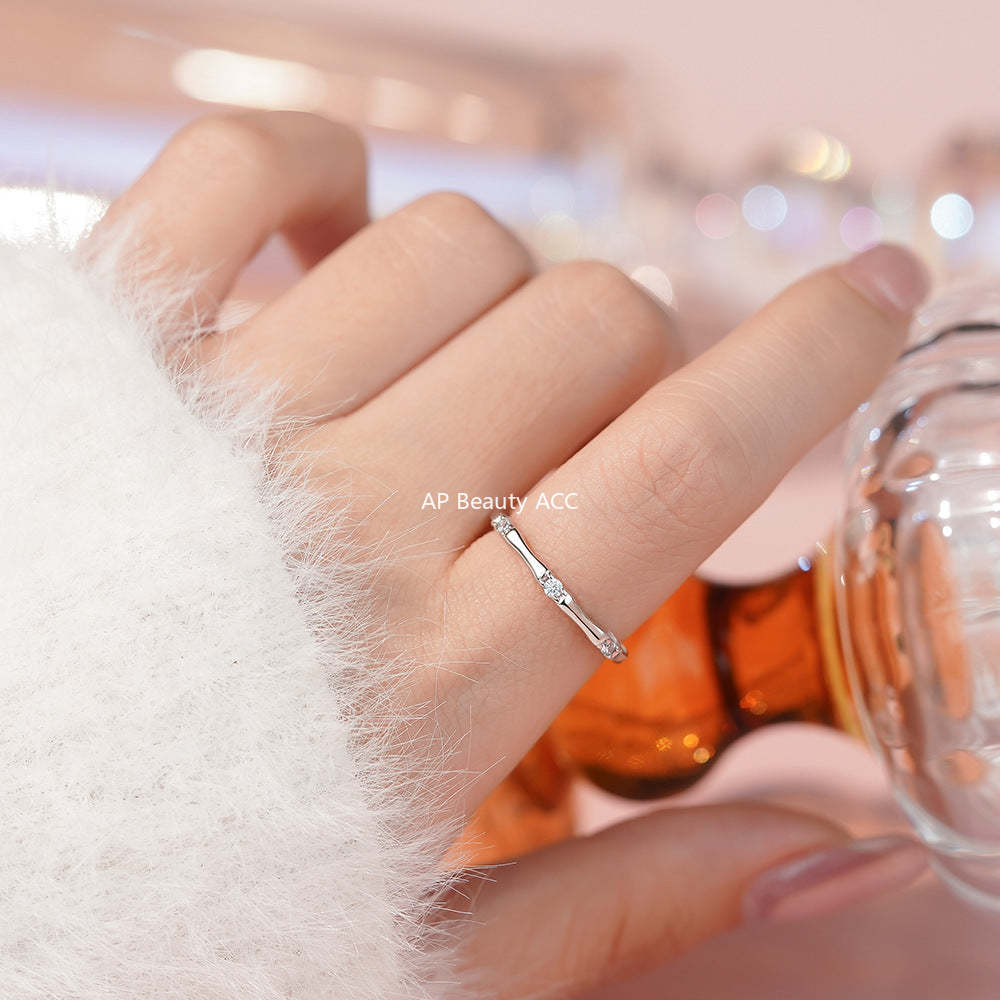 D廠-S999純銀新中式竹節鋯石戒指女國風小眾文藝復古百搭電鍍指環「YC5258R_1」25.12-2