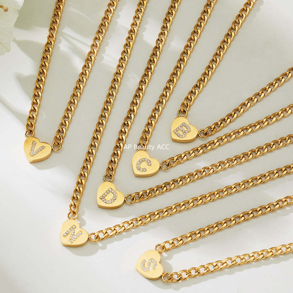 B廠-不鏽鋼愛心字母鑲嵌鋯石吊墜項鍊手鍊套裝 歐美個性首飾鍍18k真金「RP021」25.12-1