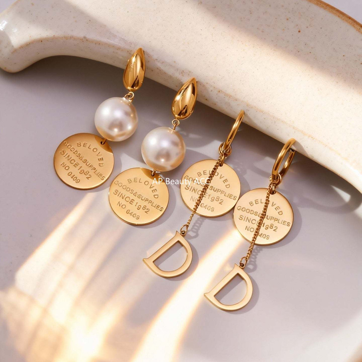 B廠-不鏽鋼圓牌字母大膠珠吊墜耳環跨境小眾設計耳飾鍍18k真金不掉色「F860-F861」25.12-2