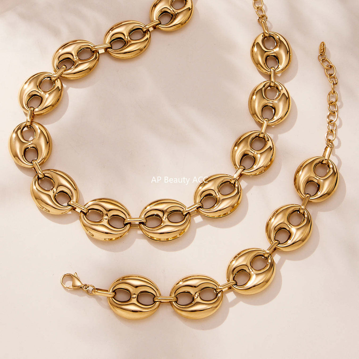 B廠-時尚輕奢風光面橢圓形豬鼻子項鍊手鍊套裝不鏽鋼鍍18k真金「TXP466」25.11-3