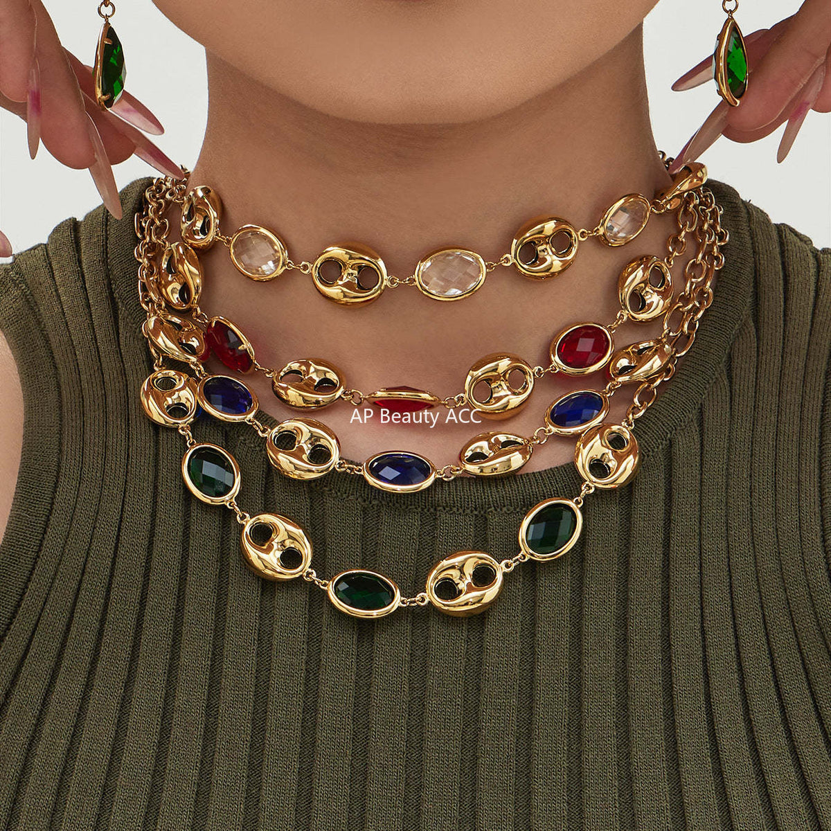 B廠-不鏽鋼空心豬鼻子包邊玻璃石手鍊項鍊套裝鍍18k真金跨境珠寶首飾「TXP514」25.12-2