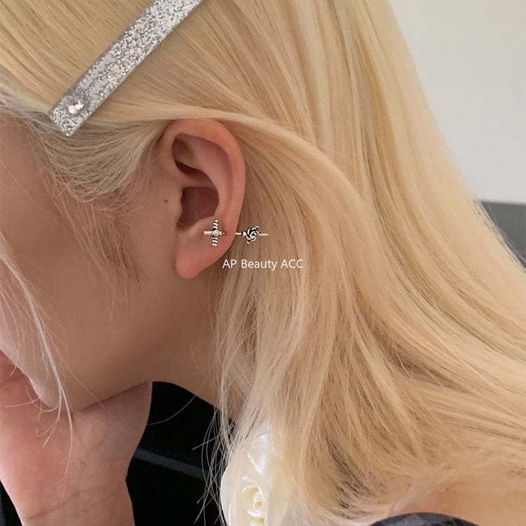 C廠-獨特冷淡風小手槍銀針耳釘女甜酷高級感玫瑰花十字架耳骨釘新耳飾「EH-4190」25.10-5