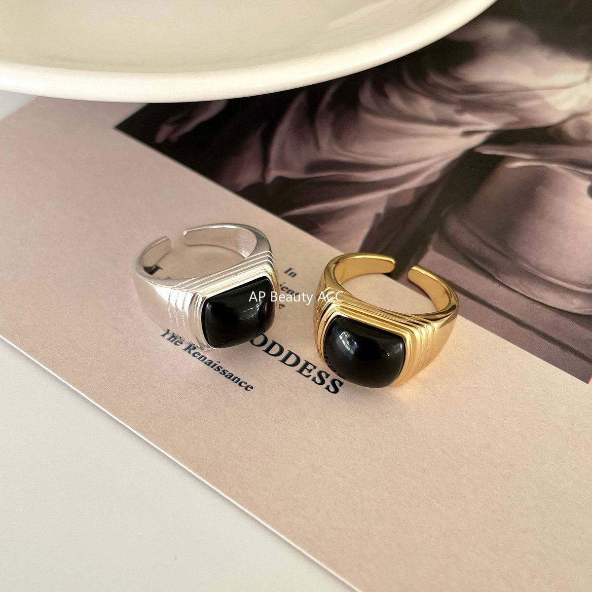 F廠-韓國韓版飾品S925純銀戒指個性首飾時尚氣質可調節黑瑪瑙戒指「J1709」25.12-1