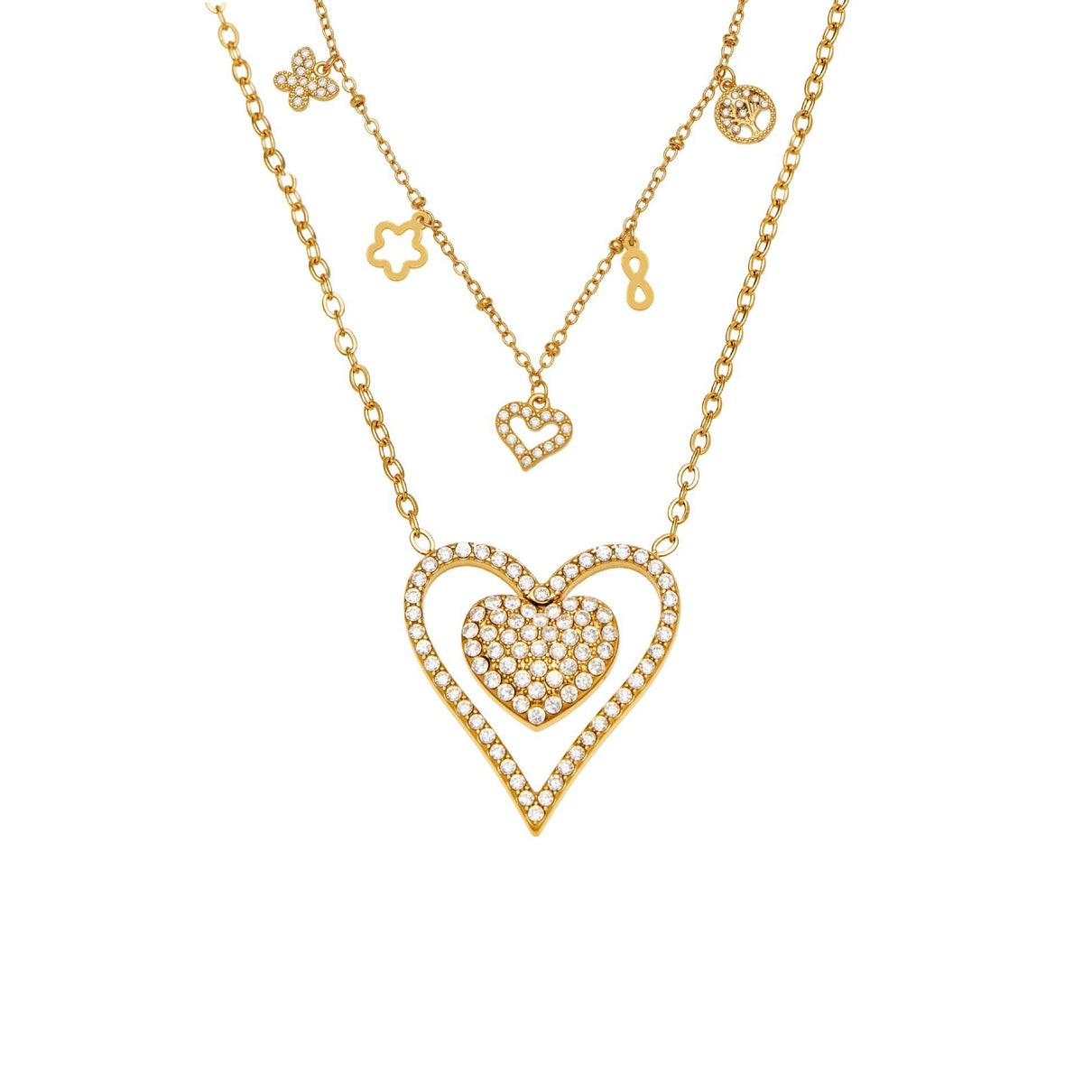 B廠-跨境新款靈動愛心滿鑽鋯石吊墜雙層鎖骨項鍊不鏽鋼鍍18k金「P874」25.11-4