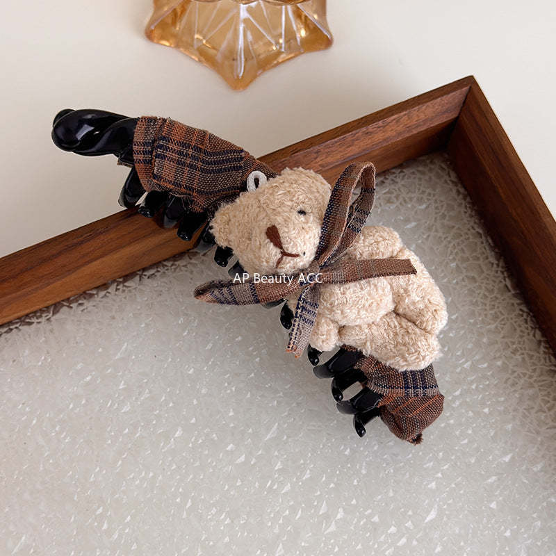 E廠-美拉德格紋布藝蝴蝶結玩偶小熊香蕉夾髮夾竪夾大號馬尾夾韓版髮飾「27722」25.11-4