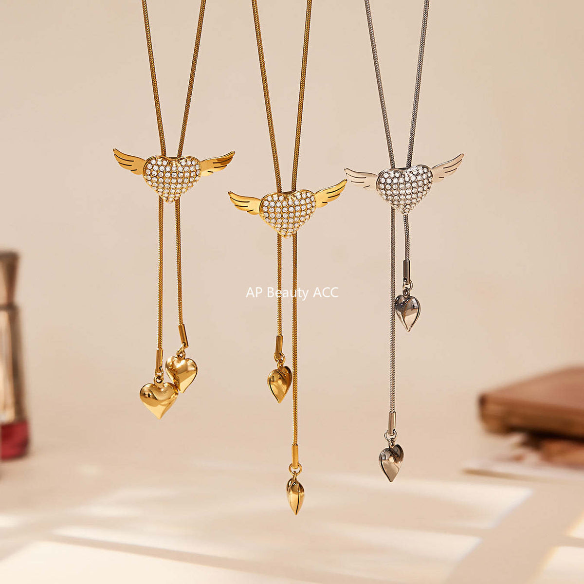 B廠-5A鋯石愛心翅膀抽拉項鍊個性ins冷淡風不鏽鋼流蘇項鍊批發「P1870」25.11-3