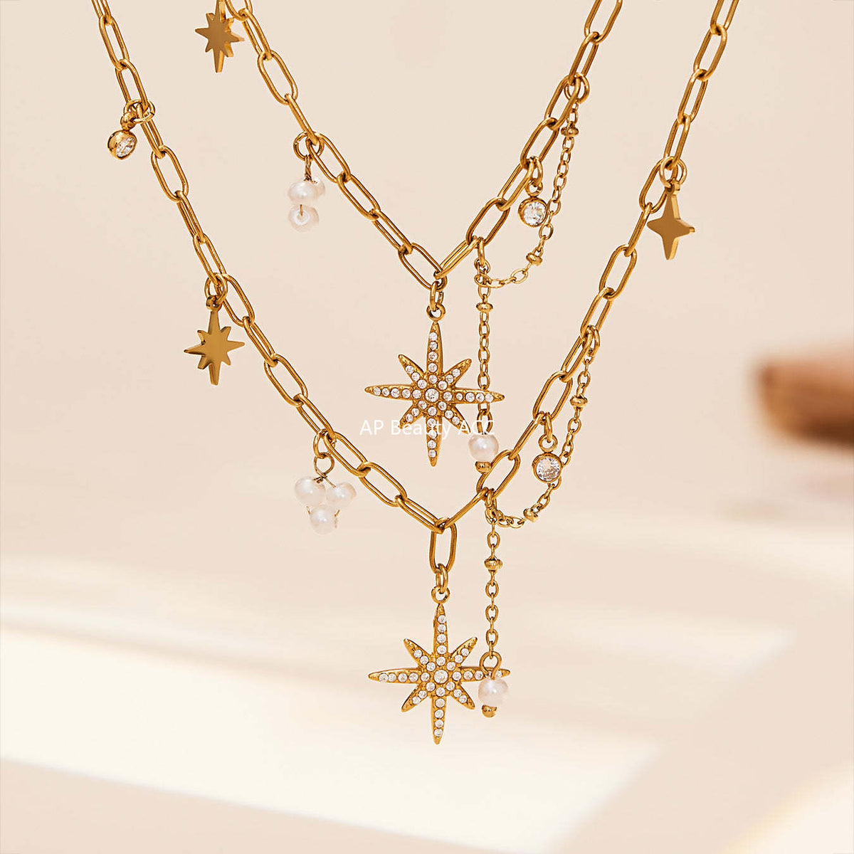 B廠-超閃八芒星5A鋯石吊墜手工鏈鎖骨項鍊不鏽鋼鍍18k真金飾品「P1154」25.11-4