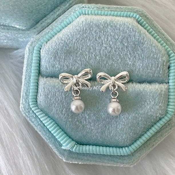 C廠-簡約小巧蝴蝶結耳釘女設計感高級百搭銀針耳環甜美小香風珍珠耳飾「EH-4319」25.12-3