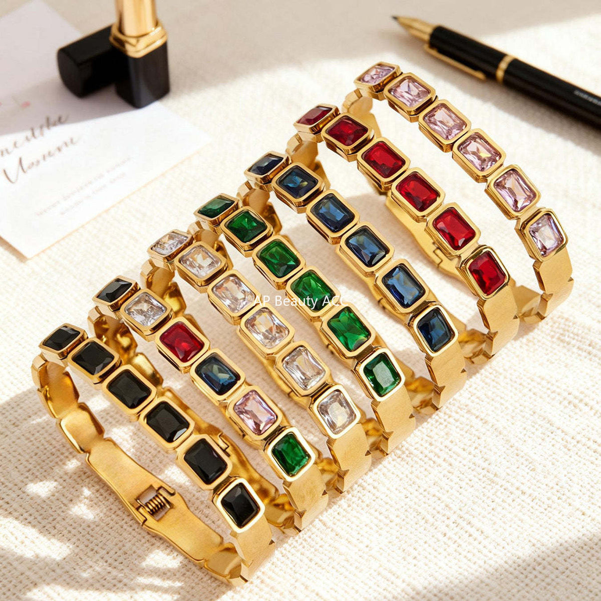 B廠-不鏽鋼方形彩色玻璃石手鐲ins小眾設計歐美潮酷飾品鍍18k金不掉色「Z518」25.12-2