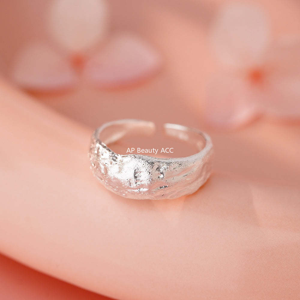 D廠-足銀S999錘紋戒指磨砂時尚冷淡風溫柔疊戴清新小眾個性手飾開口戒「YC4555R_1」25.12-1