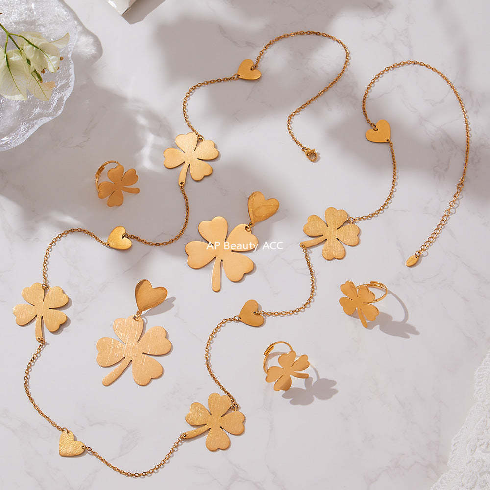 B廠-不鏽鋼愛心四葉草耳環戒指毛衣鏈飾品套裝鍍18k真金不掉色「TXP463」25.10-5