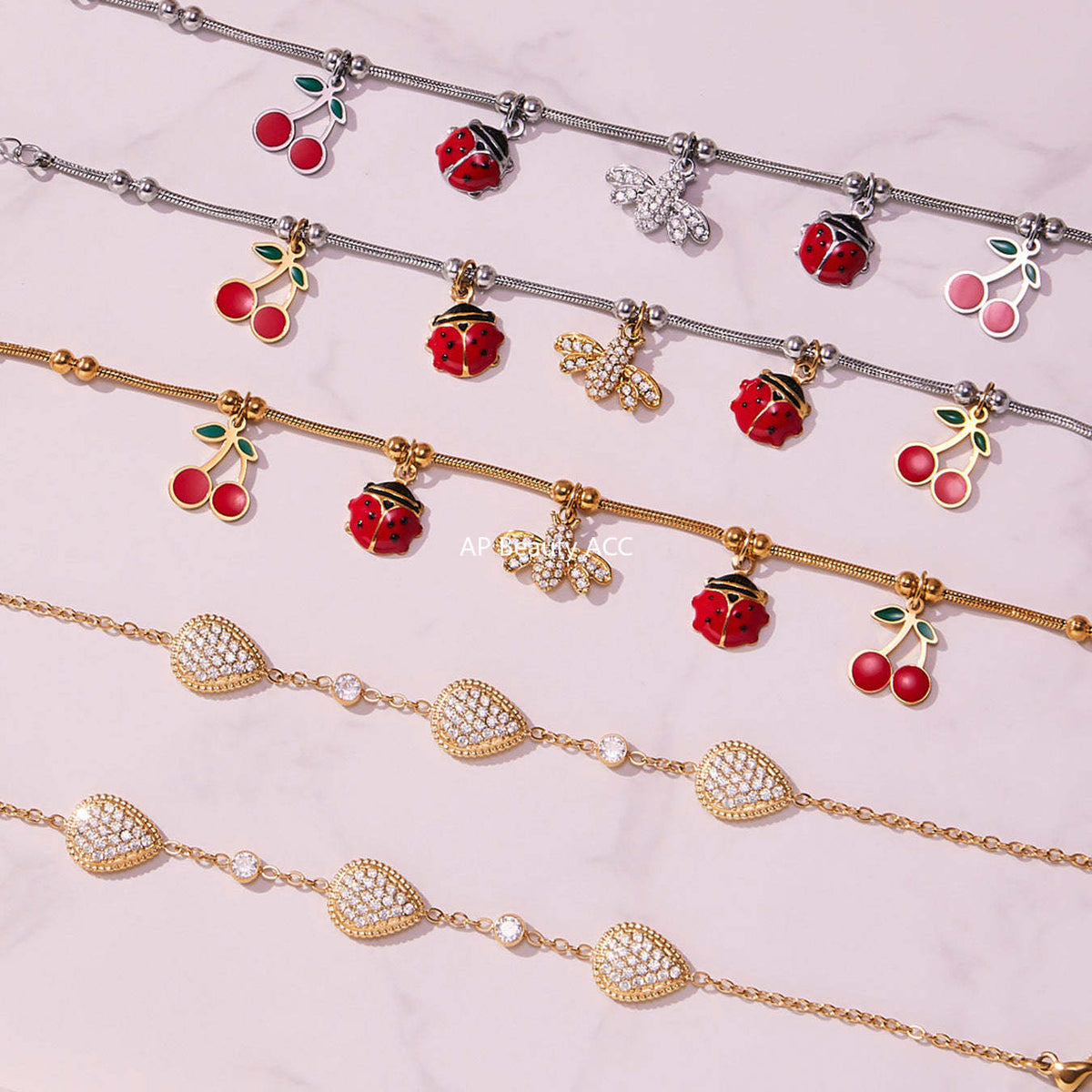 B廠-超閃5A鋯石蜜蜂昆蟲DIY多吊墜手鍊可愛櫻桃不鏽鋼材質飾品「E130-E160」25.10-5