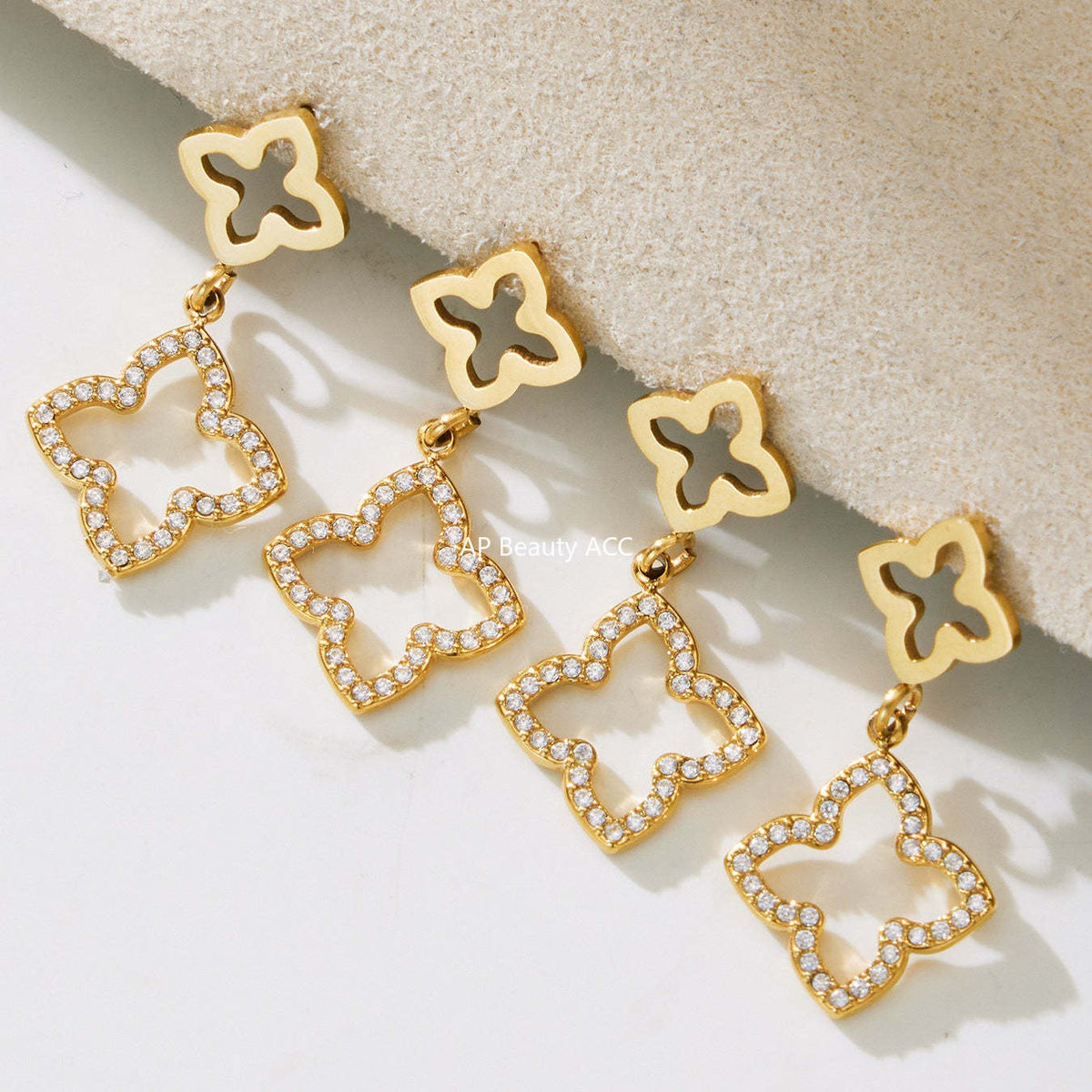 B廠-不鏽鋼鏤空花朵滿鑽鋯石耳環戒指項鍊簡約輕奢首飾套裝鍍18k真金「TXP505」25.12-1