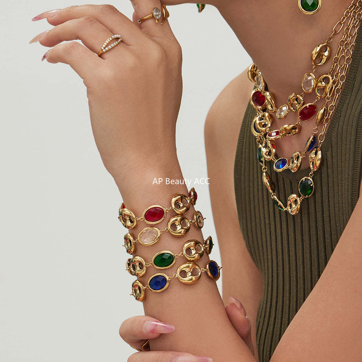 B廠-不鏽鋼空心豬鼻子包邊玻璃石手鍊項鍊套裝鍍18k真金跨境珠寶首飾「TXP514」25.12-2