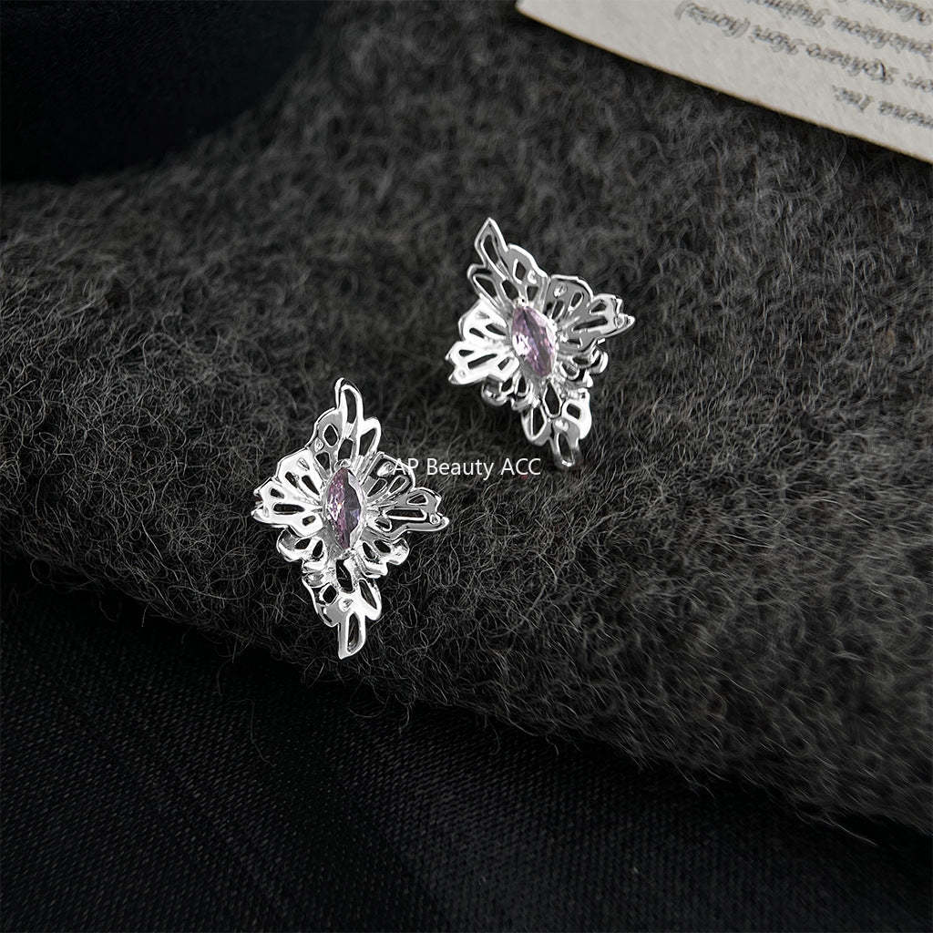 A廠-紫薇花原創設計師款s925銀針鑲嵌鋯石立體花朵新款耳飾工廠耳環女「7243」25.12-3