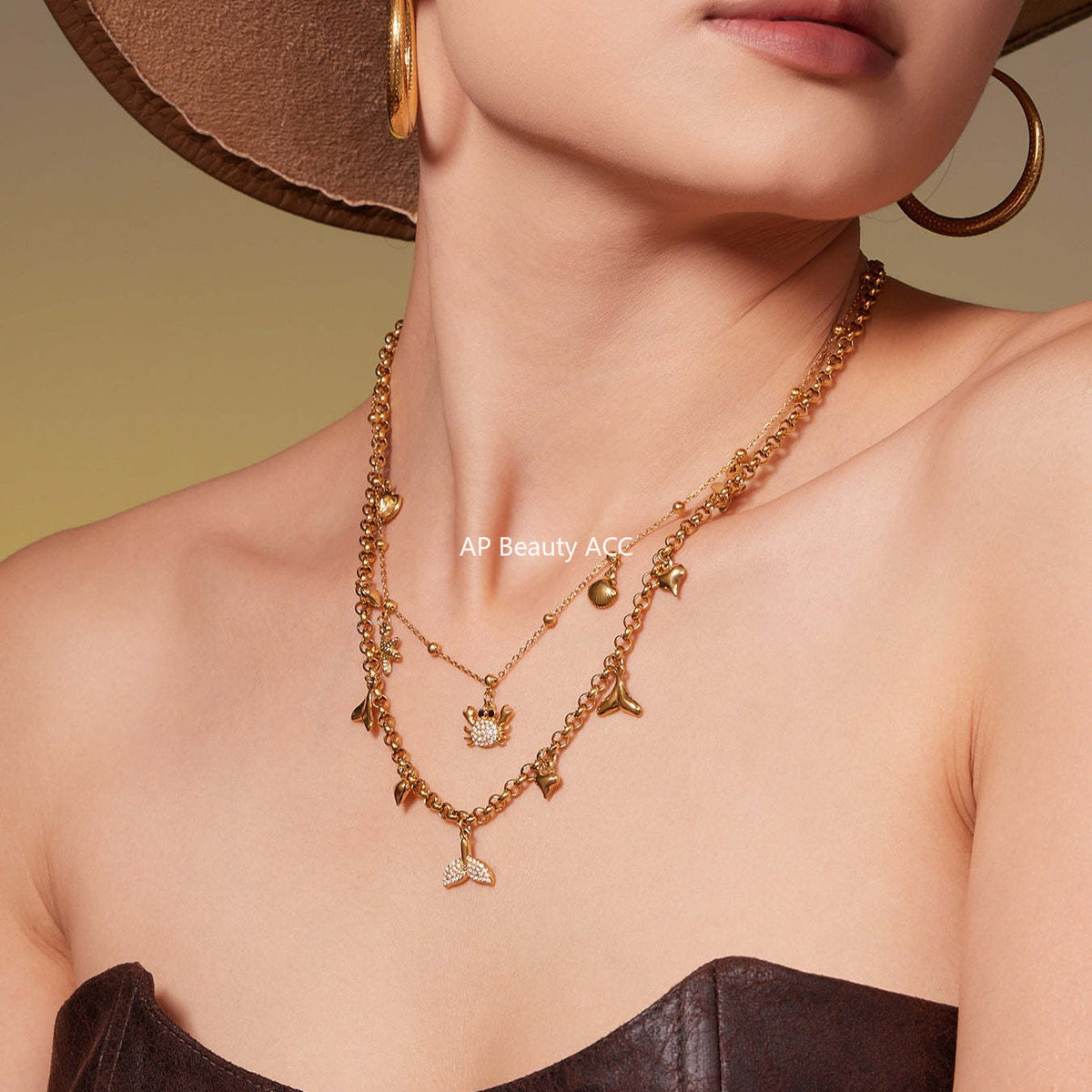 B廠-不鏽鋼DIY熱銷新款貝殼螃蟹5A鋯石帶鑽吊墜海洋沙灘風項鍊「P826」25.11-4