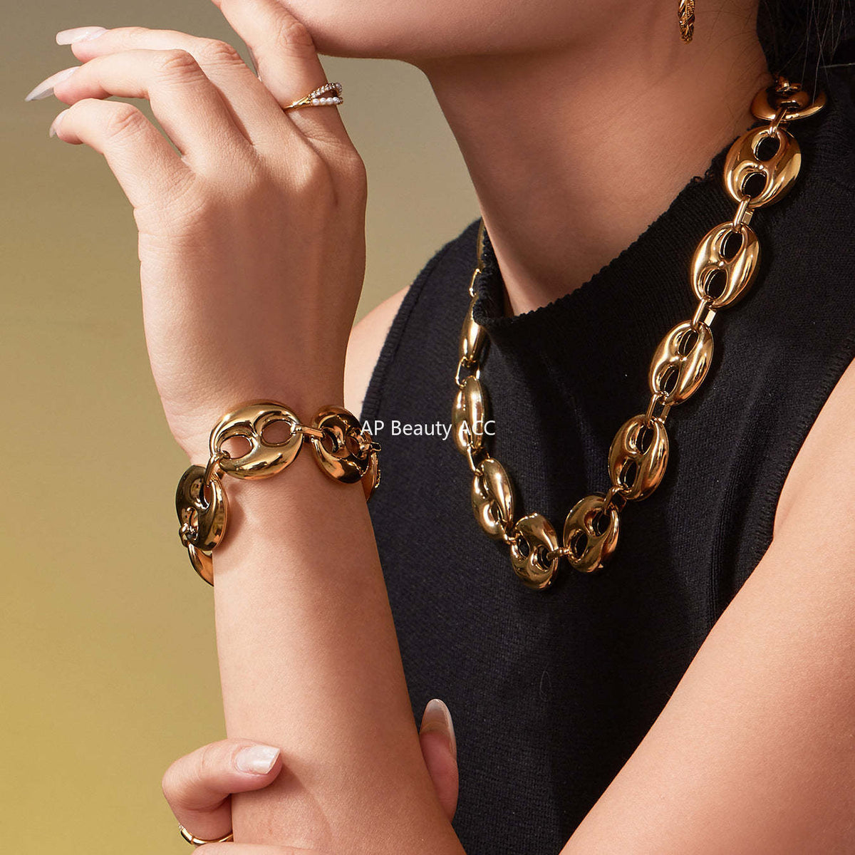 B廠-時尚輕奢風光面橢圓形豬鼻子項鍊手鍊套裝不鏽鋼鍍18k真金「TXP466」25.11-3